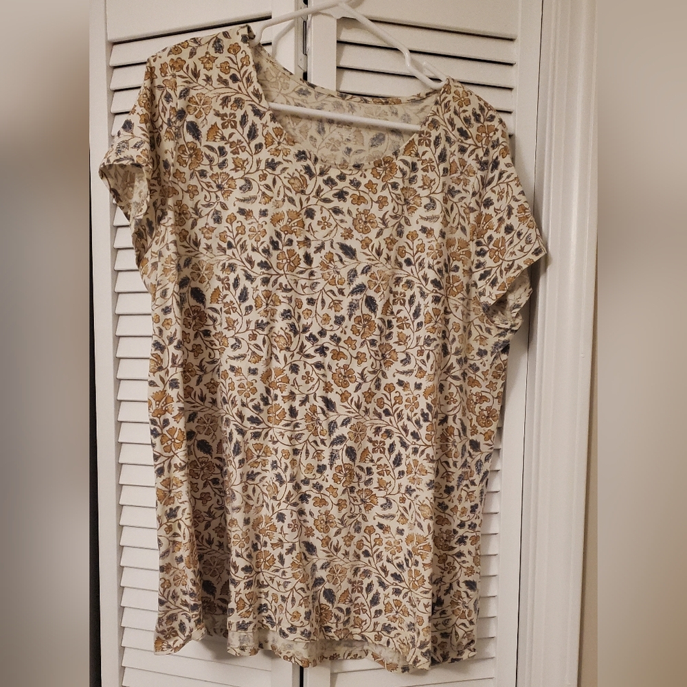 J. Jill Cream and Brown Relaxed Short Sleeve T-Shirt